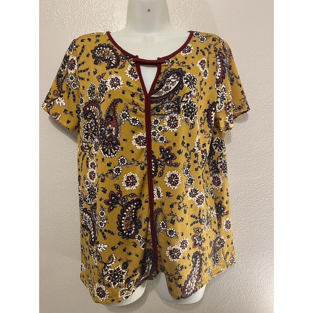 Misia Paisley Floral Print Keyhole Blouse‎ Top, Mustard Yellow Burgundy Trim